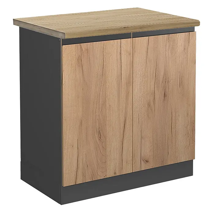 Vicco Spülenunterschrank R-Line, Goldkraft Eiche, 80 cm -  - Kompakter Schrank mit heller Holzmaserung auf Platte und Türen, dunklem Korpus und Sockel.
