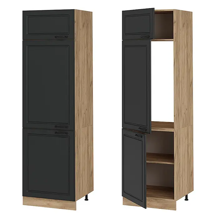 Vicco Schrankküche R-Line Anthrazit Landhaus - Breite: 60 cm, Anthrazit Landhaus, Kühlumbauschrank 60 cm - Hoher Küchenschrank mit dunkelgrauen Türen und heller Eichenoptik, geschlossen und offen mit Regalen und Gerätenische.
