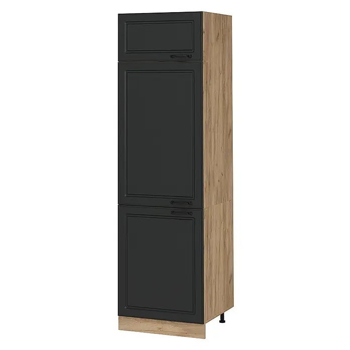 Vicco Schrankküche R-Line Anthrazit Landhaus - Breite: 60 cm, Anthrazit Landhaus, Kühlumbauschrank 60 cm - Hoher Küchenschrank mit zwei dunkelgrauen Kassettentüren und hellen Holzseiten. Mit klassischen schwarzen Griffen.