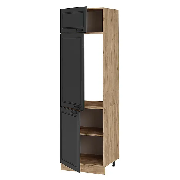 Vicco Schrankküche R-Line Anthrazit Landhaus - Breite: 60 cm, Anthrazit Landhaus, Kühlumbauschrank 60 cm - Hoher Küchenschrank mit hellem Holzkorpus, anthrazitfarbenen Kassettentüren und offenem Gerätenischenbereich mit Regalen.