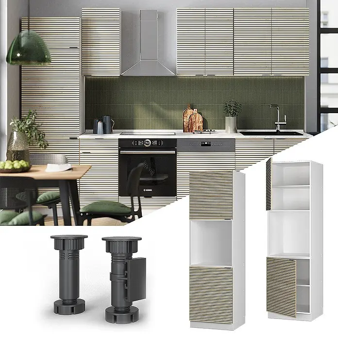 Vicco Schrankküche Fame-Line Eiche Paneel mit offenem Regal - Eiche Paneel, Herdumbauschrank hoch 60 cm - Modulares Küchensystem mit beigen Lamellentüren, in einer Küche und als Einzelmodule gezeigt, plus verstellbare dunkle Möbelfüße.
