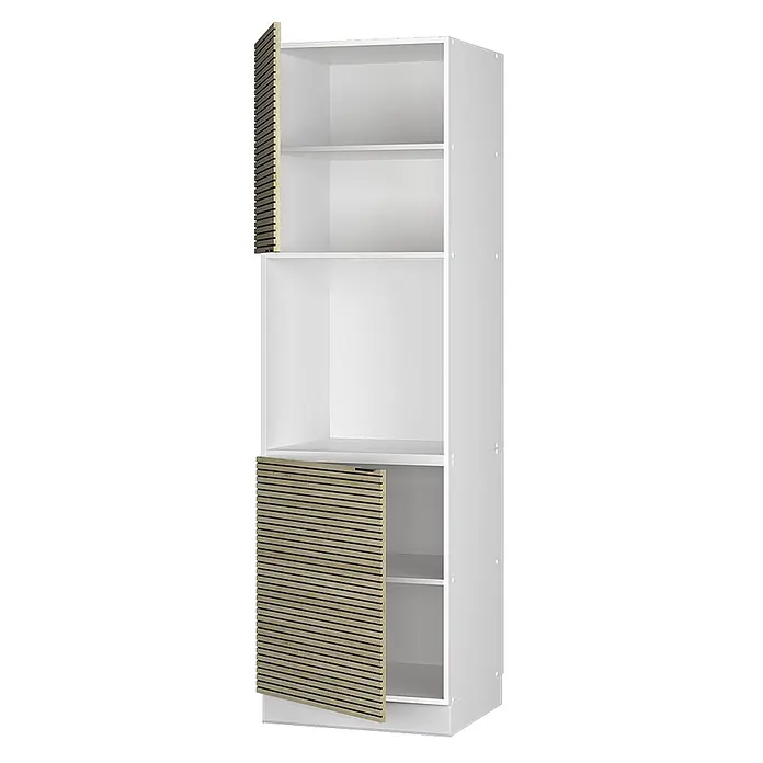 Vicco Schrankküche Fame-Line Eiche Paneel mit offenem Regal - Eiche Paneel, Herdumbauschrank hoch 60 cm - Hoher weißer Schrank mit offenen Regalen und zwei hellen Holzlamellentüren, eine oben, eine unten.
