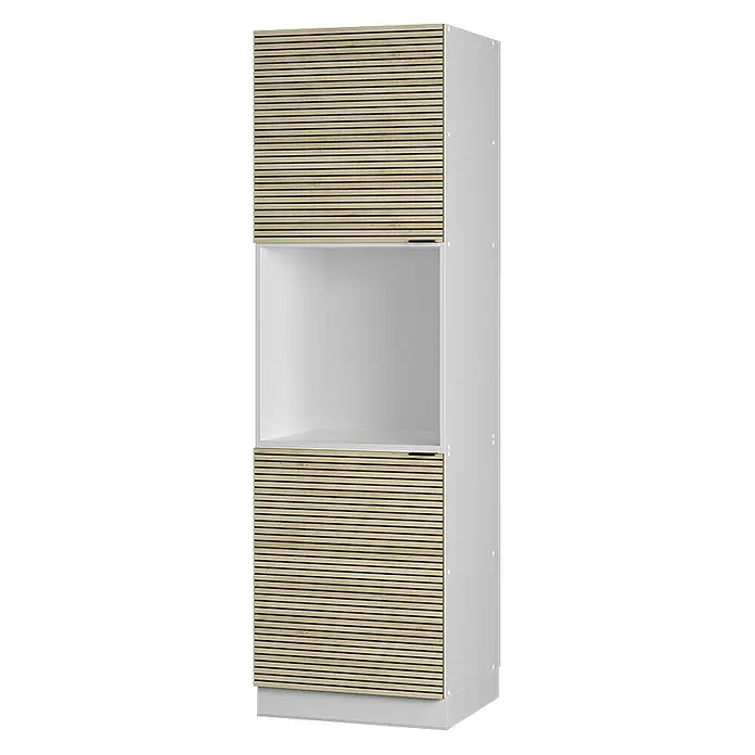 Vicco Schrankküche Fame-Line Eiche Paneel mit offenem Regal - Eiche Paneel, Herdumbauschrank hoch 60 cm - Hoher weißer Schrank mit Lamellentüren aus hellem Holz oben und unten, mit offenem Fach in der Mitte.