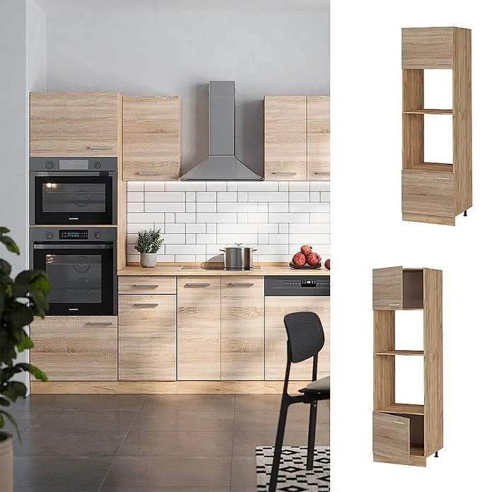 Vicco Schrankküche R-Line Sonoma - Sonoma, Mikrowellenschrank 60 cm - Moderne Küche mit hellen Holzdekor-Schränken, integrierten Öfen und Kochfeld, zeigt modulare Hochschränke zur Aufbewahrung.