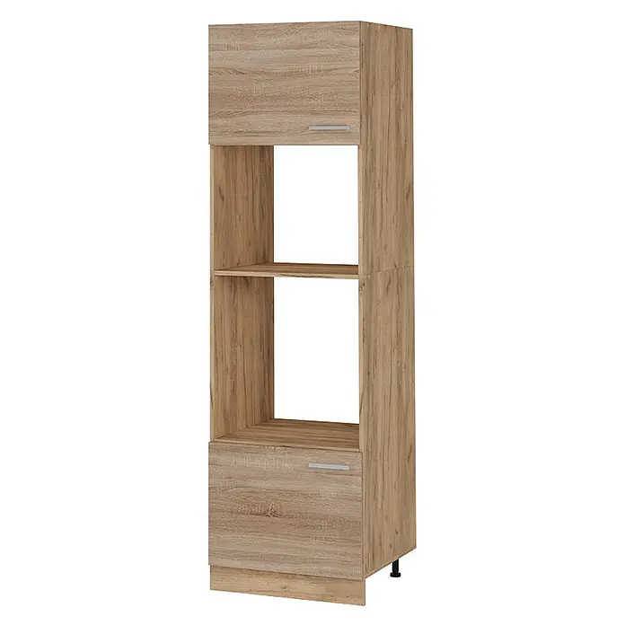 Vicco Schrankküche R-Line Sonoma - Sonoma, Mikrowellenschrank 60 cm - Hoher Vorratsschrank in heller Holzoptik mit oberen und unteren Türen und zwei offenen Fächern.