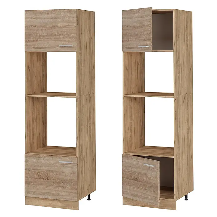 Vicco Schrankküche R-Line Sonoma - Sonoma, Mikrowellenschrank 60 cm - Hoher hellbrauner Schrank mit zwei offenen Fächern, einem oberen und einem unteren geschlossenen Fach, mit geöffneten und geschlossenen Türen.