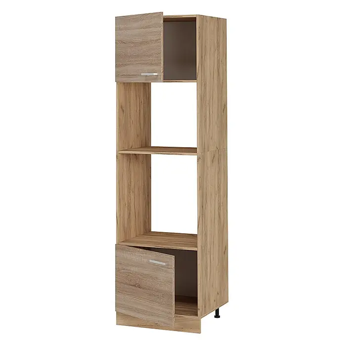 Vicco Schrankküche R-Line Sonoma - Sonoma, Mikrowellenschrank 60 cm - Hoher heller Holzschrank mit offenen Fächern und geschlossenen Türen, leicht geöffnet, mit silbernen Griffen.