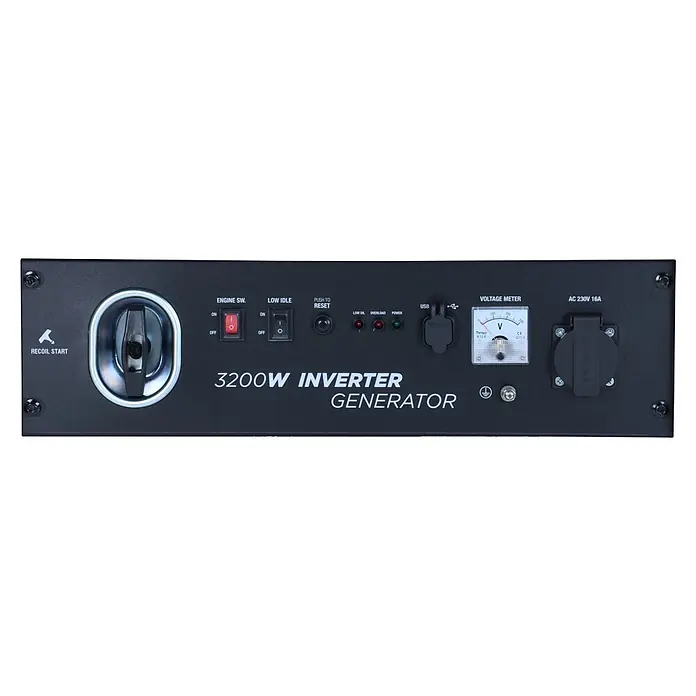 Ultimatron France Stromerzeuger ULT-3200i - Nennleistung: 3 kW, Tankvolumen: 14,5 l, Verbrauch: 2 l/h - Schwarzes Bedienfeld eines 3200W Inverter-Generators mit Motorschalter, Spannungsmesser, USB und AC 230V 16A Ausgang.