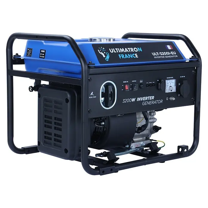 Ultimatron France Stromerzeuger ULT-3200i - Nennleistung: 3 kW, Tankvolumen: 14,5 l, Verbrauch: 2 l/h - Blauer und schwarzer ULTIMATRON 3200W Inverter-Generator mit Bedienfeld, Spannungsmesser, AC-Steckdose und USB-Anschluss.