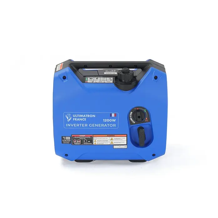 Ultimatron France Stromerzeuger ULT-1200 - Nennleistung: 1 kW, Tankvolumen: 2,2 l, Verbrauch: 0,75 l/h - Blauer Inverter-Generator mit sichtbaren Bedienelementen und Warnhinweisen.