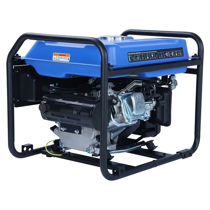 Ultimatron France Stromerzeuger ULT-3200i - Nennleistung: 3 kW, Tankvolumen: 14,5 l, Verbrauch: 2 l/h - Ein blauer tragbarer Generator mit schwarzem Metallrahmen. Er hat einen Chrom-Tankdeckel, Kurzanleitungen und ein Warnschild auf dem Kraftstofftank.