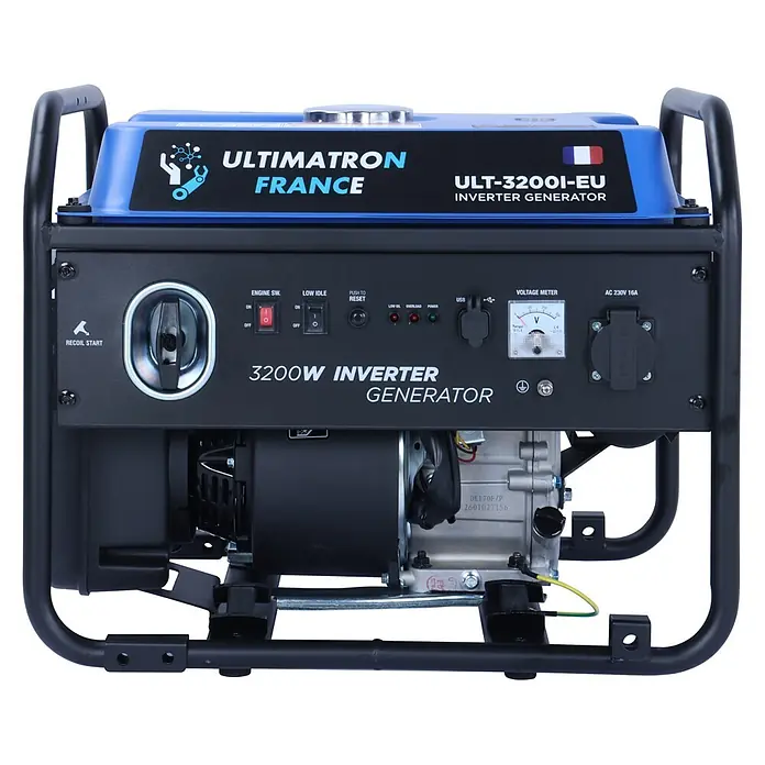 Ultimatron France Stromerzeuger ULT-3200i - Nennleistung: 3 kW, Tankvolumen: 14,5 l, Verbrauch: 2 l/h - Blauer und schwarzer Ultimaton France 3200W Inverter-Generator mit robustem Metallrahmen, Rücklaufstarter, Motorsteuerung, USB, Voltmeter und 230V 16A AC-Steckdose.
