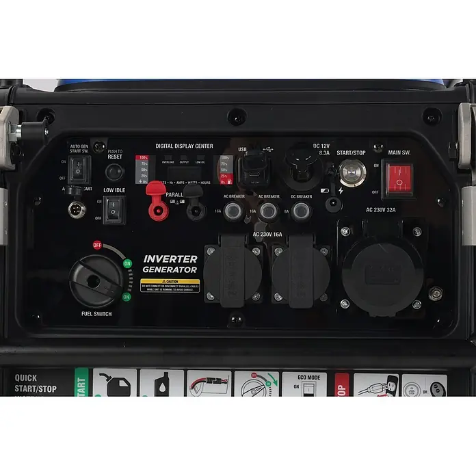 Ultimatron France Stromerzeuger ULT-7500 - Nennleistung: 7,2 kW, Tankvolumen: 18 l, Verbrauch: 3,1 l/h - Schwarzes Inverter-Generator-Bedienfeld mit mehreren Schaltern, Tasten, einer Digitalanzeige und verschiedenen AC/DC-Steckdosen.