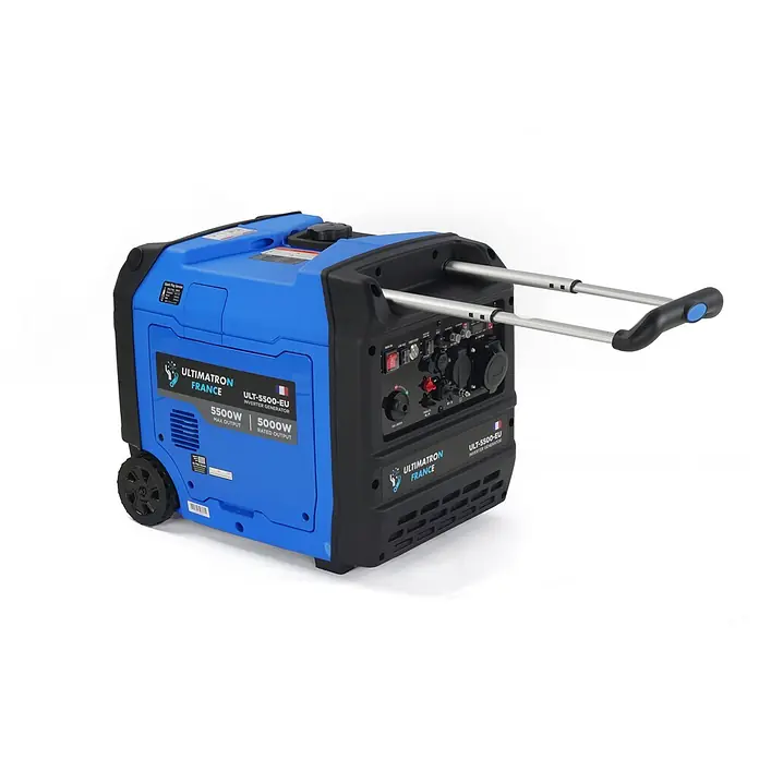 Ultimatron France Stromerzeuger ULT-5500 - Nennleistung: 5 kW, Tankvolumen: 12 l, Verbrauch: 2,6 l/h - Blauer und schwarzer Ultimatron ULT-5500-EU Inverter-Generator mit Rädern und ausziehbarem Griff, 5500W max und 5000W Nennleistung.