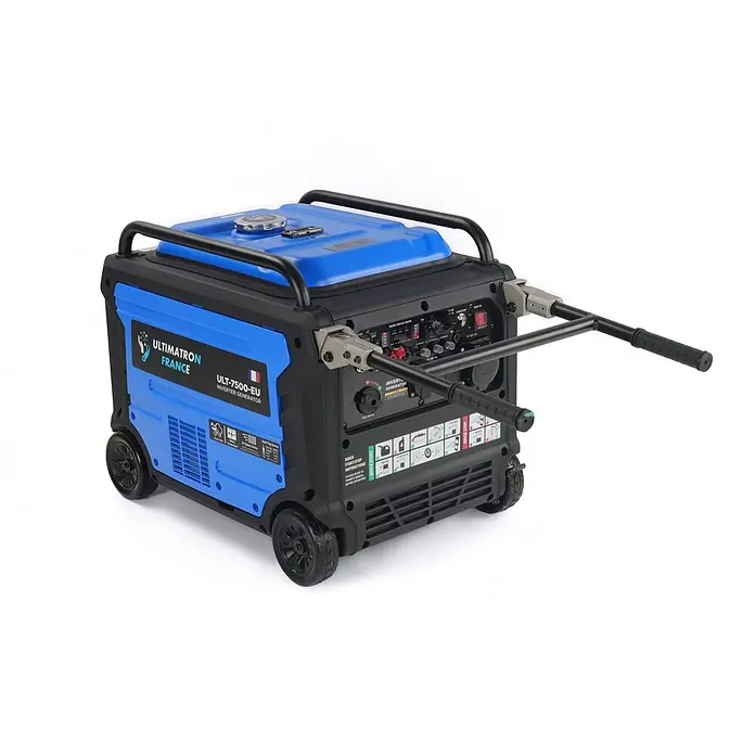 Ultimatron France Stromerzeuger ULT-7500 - Nennleistung: 7,2 kW, Tankvolumen: 18 l, Verbrauch: 3,1 l/h - Blauer und schwarzer ULTIMATRON Inverter-Generator mit Rädern und ausgezogenem Griff.