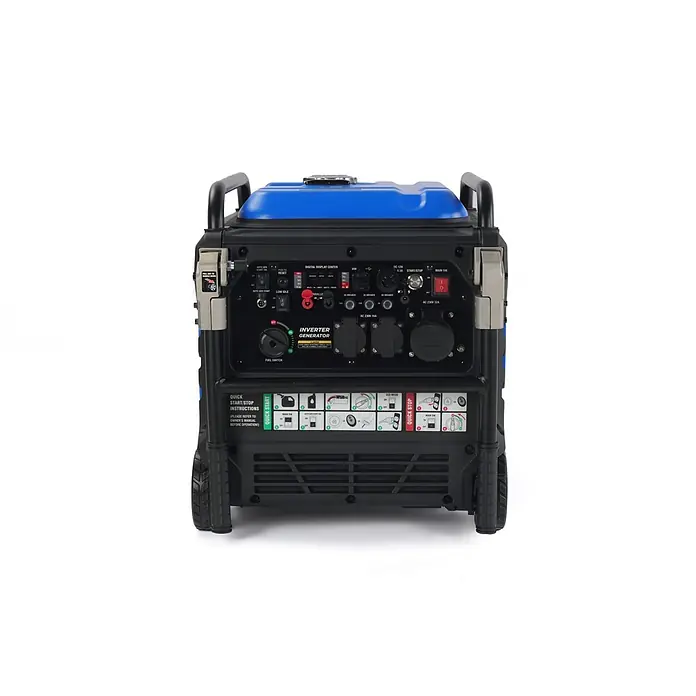 Ultimatron France Stromerzeuger ULT-7500 - Nennleistung: 7,2 kW, Tankvolumen: 18 l, Verbrauch: 3,1 l/h - Blauer und schwarzer Inverter-Generator mit Bedienfeld, Steckdosen und Schnellstart-/Stoppanleitung. Mit Rädern und Griffen für Transport.