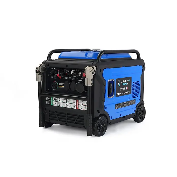 Ultimatron France Stromerzeuger ULT-7500 - Nennleistung: 7,2 kW, Tankvolumen: 18 l, Verbrauch: 3,1 l/h - Blauer und schwarzer Inverter-Generator mit Bedienfeld, Digitalanzeige und Rädern, 7500 W Max. Leistung.
