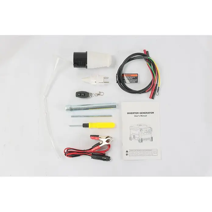 Ultimatron France Stromerzeuger ULT-7500 - Nennleistung: 7,2 kW, Tankvolumen: 18 l, Verbrauch: 3,1 l/h - Zubehör für Inverter-Generator: Trichter, Stromadapter, Fernbedienung, Werkzeuge (Schraubendreher, Schlüssel), Parallelkabel, Batterieladekabel, Handbuch.