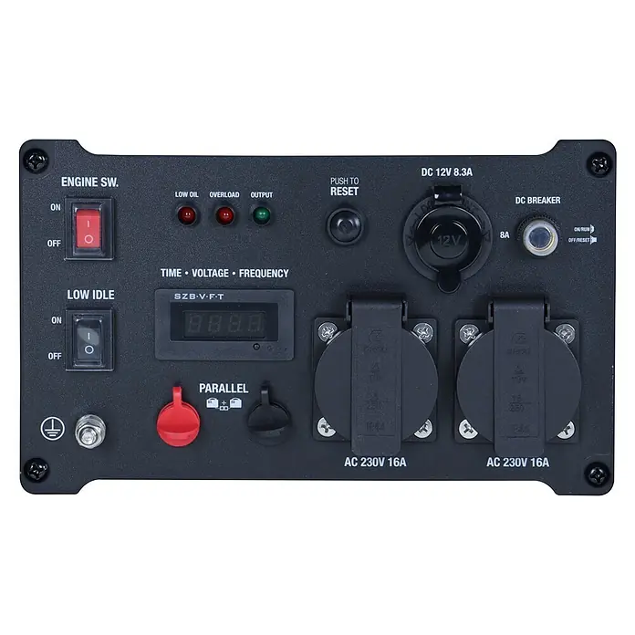 Ultimatron France Stromerzeuger ULT-3800i - Nennleistung: 3,5 kW, Tankvolumen: 6,5 l, Verbrauch: 2,4 l/h - Schwarzes Generator-Bedienfeld mit Schaltern, LED-Anzeigen, Zeit-/Spannungs-/Frequenzanzeige, DC 12V und AC 230V 16A Ausgängen, und Parallelanschlüssen.