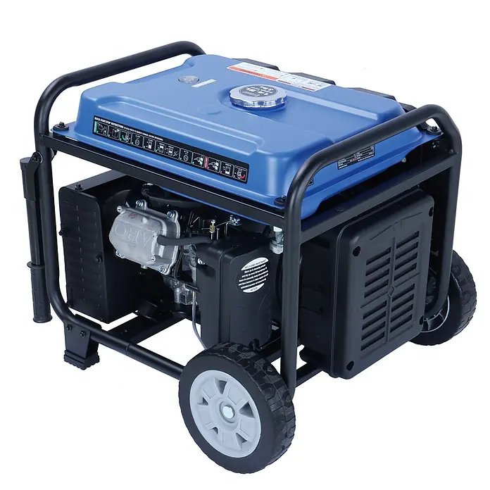 Ultimatron France Stromerzeuger ULT-5500i - Nennleistung: 5 kW, Tankvolumen: 14,5 l, Verbrauch: 2,8 l/h - Blauer und schwarzer tragbarer Generator mit Rädern und Metallrahmen.