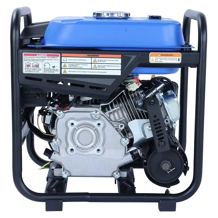Ultimatron France Stromerzeuger ULT-3800i - Nennleistung: 3,5 kW, Tankvolumen: 6,5 l, Verbrauch: 2,4 l/h - Tragbarer Generator mit blauem Kraftstofftank, schwarzem Rahmen und silbernem Motor. Mehrere Warnhinweise sind an der Seite sichtbar.