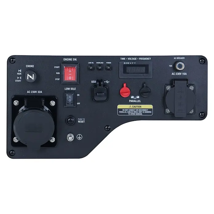 Ultimatron France Stromerzeuger ULT-5500i - Nennleistung: 5 kW, Tankvolumen: 14,5 l, Verbrauch: 2,8 l/h - Schwarzes Generator-Bedienfeld mit mehreren Schaltern, Steckdosen, USB-Anschluss und Digitalanzeige für Betrieb und Leistung.