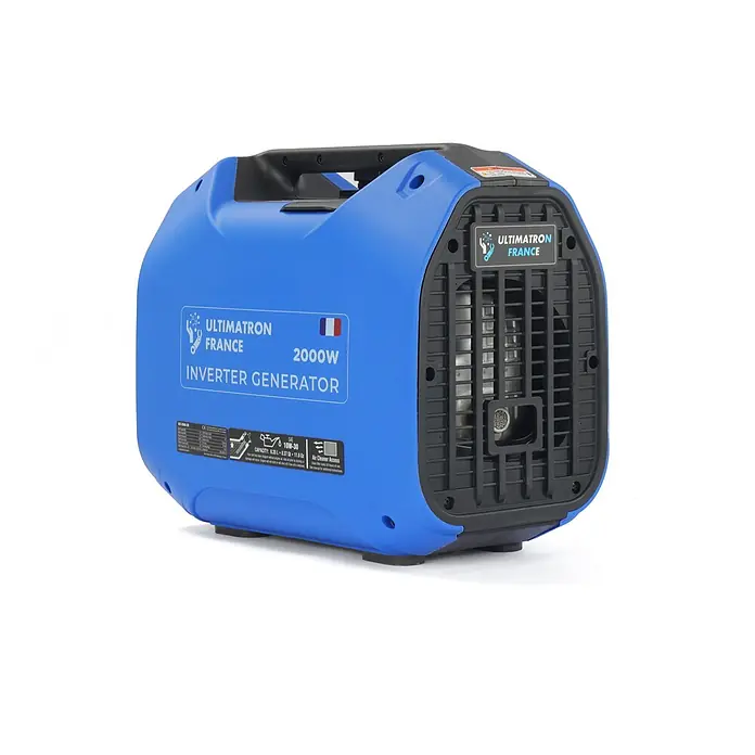 Ultimatron France Stromerzeuger ULT-2000 - Nennleistung: 1,8 kW, Tankvolumen: 4,2 l, Verbrauch: 0,95 l/h - Kompakter blauer Inverter-Generator mit Griff und Belüftung, bietet 2000W tragbare Leistung.