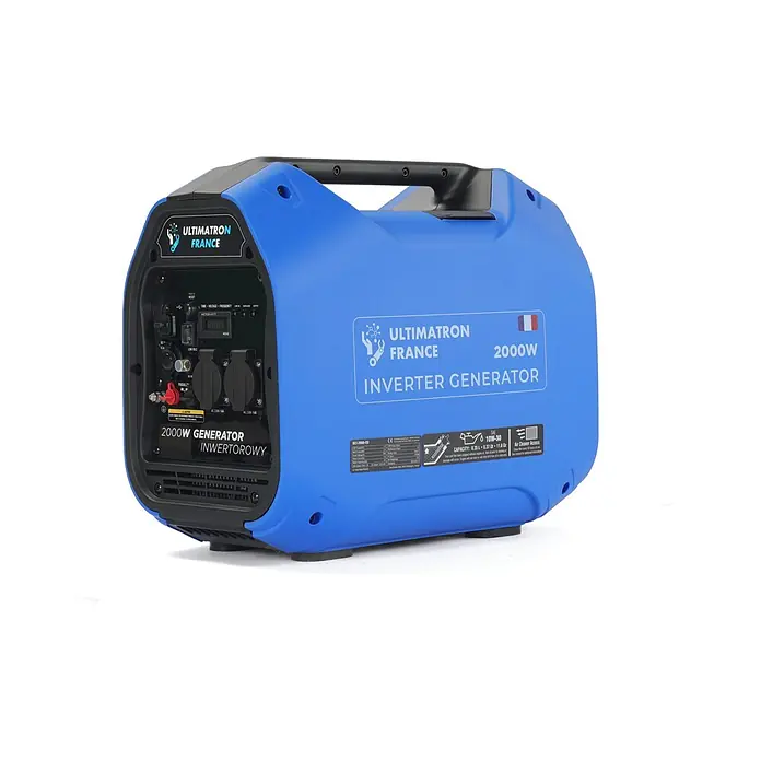 Ultimatron France Stromerzeuger ULT-2000 - Nennleistung: 1,8 kW, Tankvolumen: 4,2 l, Verbrauch: 0,95 l/h - Ein blauer Ultimaton France 2000W Inverter-Generator mit schwarzem Bedienfeld, Digitalanzeige, Steckdosen und Tragegriff.