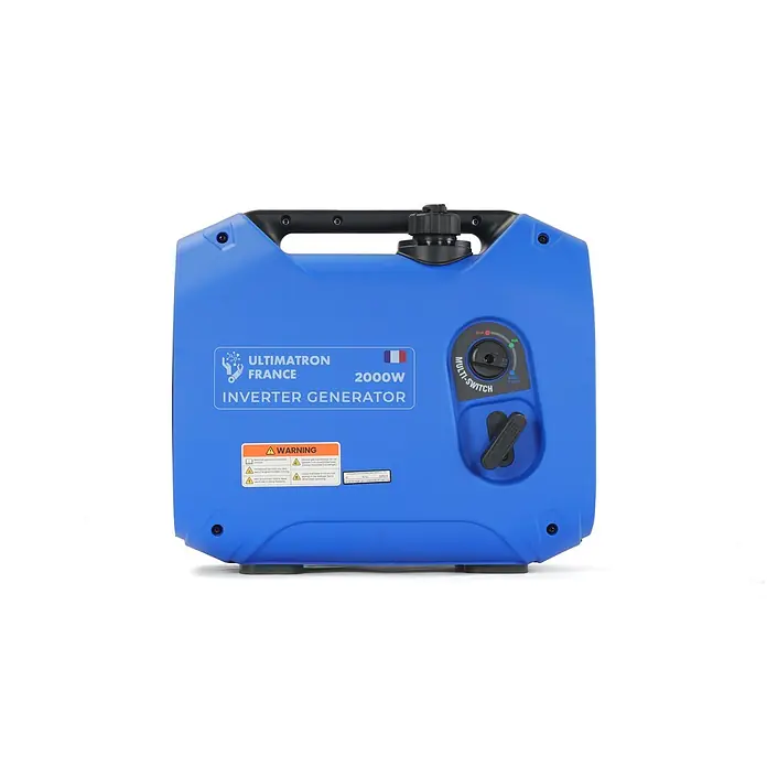 Ultimatron France Stromerzeuger ULT-2000 - Nennleistung: 1,8 kW, Tankvolumen: 4,2 l, Verbrauch: 0,95 l/h - Blauer 2000W Ultimatron France Inverter-Generator mit Multifunktionsschalter, Startergriff und Warnhinweisen.