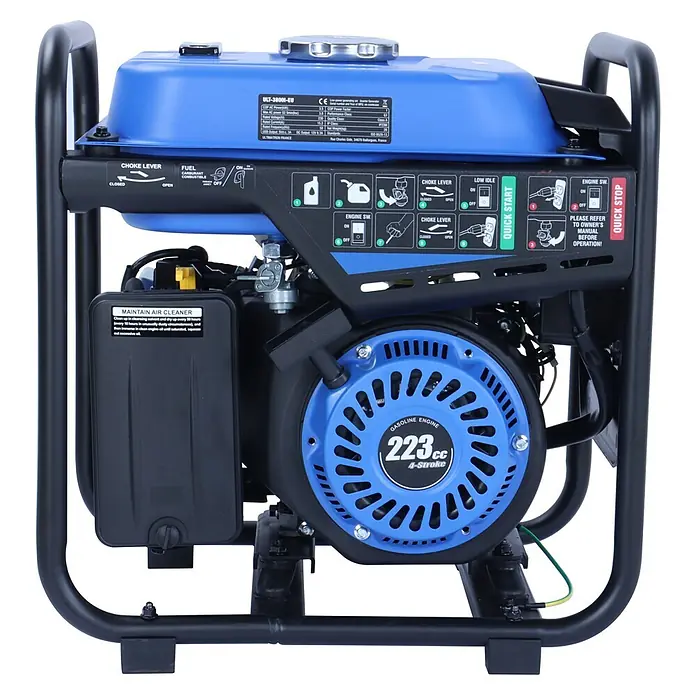 Ultimatron France Stromerzeuger ULT-3800i - Nennleistung: 3,5 kW, Tankvolumen: 6,5 l, Verbrauch: 2,4 l/h - Blauer und schwarzer ULT-3800I-EU Benzin-Inverter-Generator mit einem 223ccm 4-Takt-Motor und Bedienfeld.