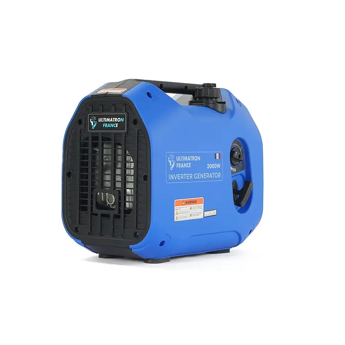 Ultimatron France Stromerzeuger ULT-2000 - Nennleistung: 1,8 kW, Tankvolumen: 4,2 l, Verbrauch: 0,95 l/h - Blauer und schwarzer Ultimatron France 2000W Inverter-Generator mit Bedienfeld und Tragegriff.
