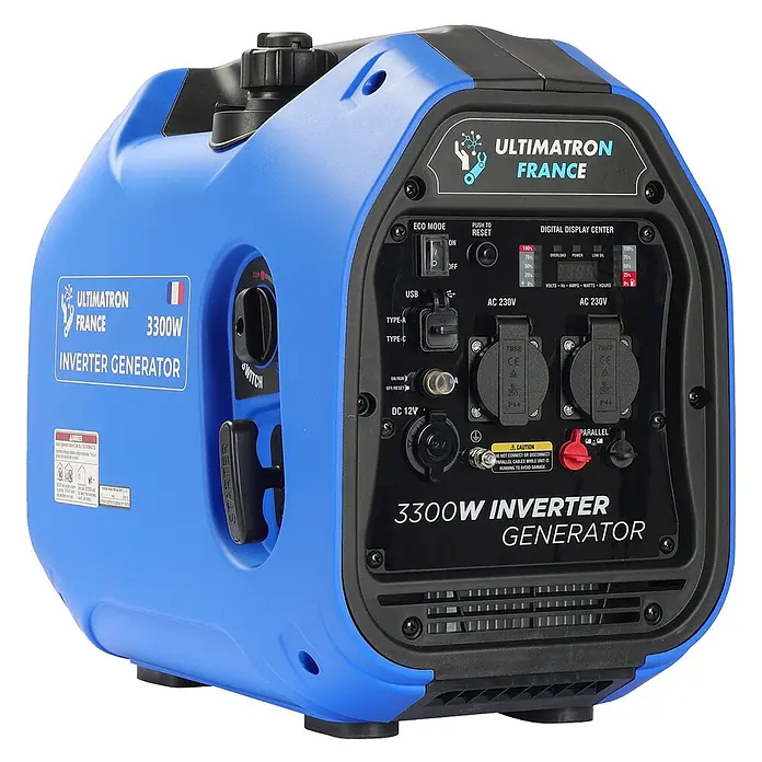 Ultimatron France Stromerzeuger ULT-3300 - Nennleistung: 3 kW, Tankvolumen: 4,2 l, Verbrauch: 2,3 l/h - Blauer 3300W Inverter-Generator mit schwarzem Bedienfeld, Digitalanzeige und mehreren Steckdosen.