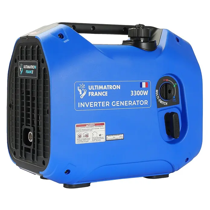 Ultimatron France Stromerzeuger ULT-3300 - Nennleistung: 3 kW, Tankvolumen: 4,2 l, Verbrauch: 2,3 l/h - Ein blauer Ultimatron France 3300W Inverter-Generator mit Multi-Schalter und Starter.