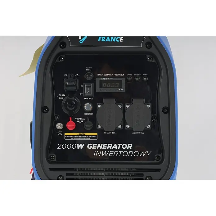 Ultimatron France Stromerzeuger ULT-2000 - Nennleistung: 1,8 kW, Tankvolumen: 4,2 l, Verbrauch: 0,95 l/h - Blau-schwarzes Inverter-Generator-Bedienfeld mit mehreren Steckdosen, USB-Anschluss, Digitalanzeige und Bedienelementen.
