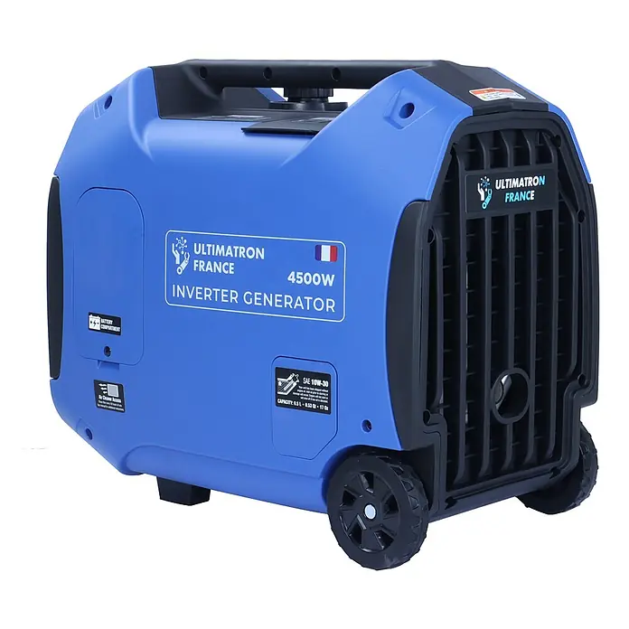 Ultimatron France Stromerzeuger ULT-4500 - Nennleistung: 4 kW, Tankvolumen: 6,5 l, Verbrauch: 2,5 l/h - Blauer und schwarzer Ultimatron 4500W Inverter-Generator mit Rädern und Tragegriff für Portabilität.