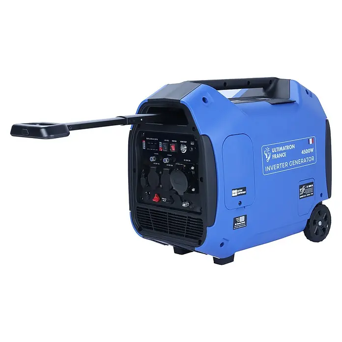 Ultimatron France Stromerzeuger ULT-4500 - Nennleistung: 4 kW, Tankvolumen: 6,5 l, Verbrauch: 2,5 l/h - Blauer Inverter-Generator mit Rollen, ausziehbarem Griff und Bedienfeld. 4500W Leistung.