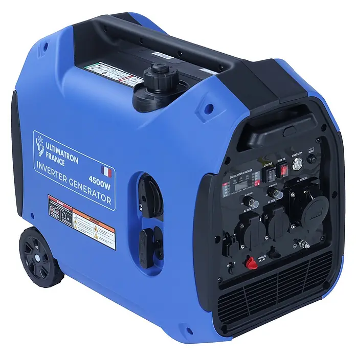 Ultimatron France Stromerzeuger ULT-4500 - Nennleistung: 4 kW, Tankvolumen: 6,5 l, Verbrauch: 2,5 l/h - Blauer und schwarzer 4500W tragbarer Inverter-Generator mit Bedienfeld und Rädern.