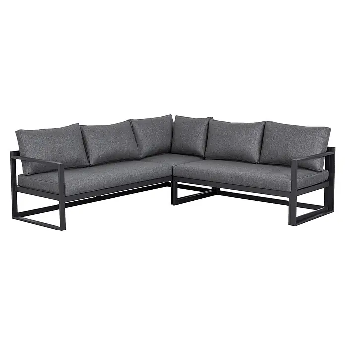 Barths Loungemöbel-Set Rhodos - 2 -tlg., Aluminium, Polyester, Anthrazit - L-förmiges Outdoor-Ecksofa mit dunkelgrauem Metallrahmen und grauen Stoffkissen.