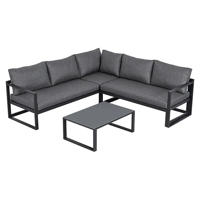 Barths Loungemöbel-Set Rhodos - 2 -tlg., Aluminium, Polyester, Anthrazit - Graues Ecksofa für den Außenbereich mit schwarzem Metallrahmen und passendem rechteckigem Couchtisch.