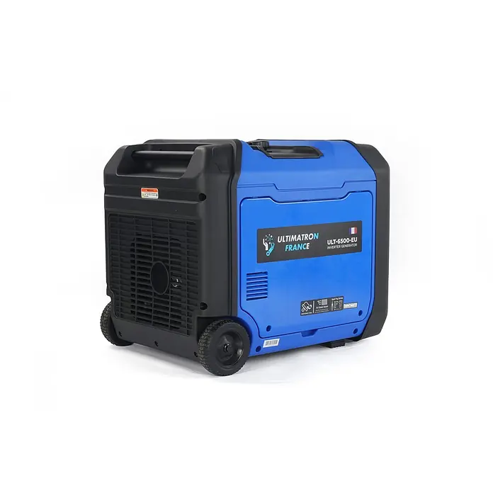 Ultimatron France Stromerzeuger ULT-6500 - Nennleistung: 6,2 kW, Tankvolumen: 12,5 l, Verbrauch: 2,9 l/h - Blauer und schwarzer Inverter-Generator mit Rädern und Griffen für mobile Stromversorgung.