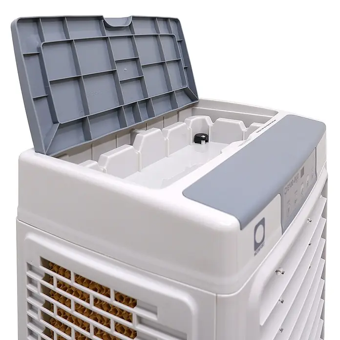 MConfort Climatizador evaporativo PRO E100DUO - Blanco y Gris, Altura: 128,6 cm, 220 W - Enfriador de aire evaporativo blanco con tapa gris abierta que muestra el tanque de agua y los paneles de enfriamiento de nido de abeja.