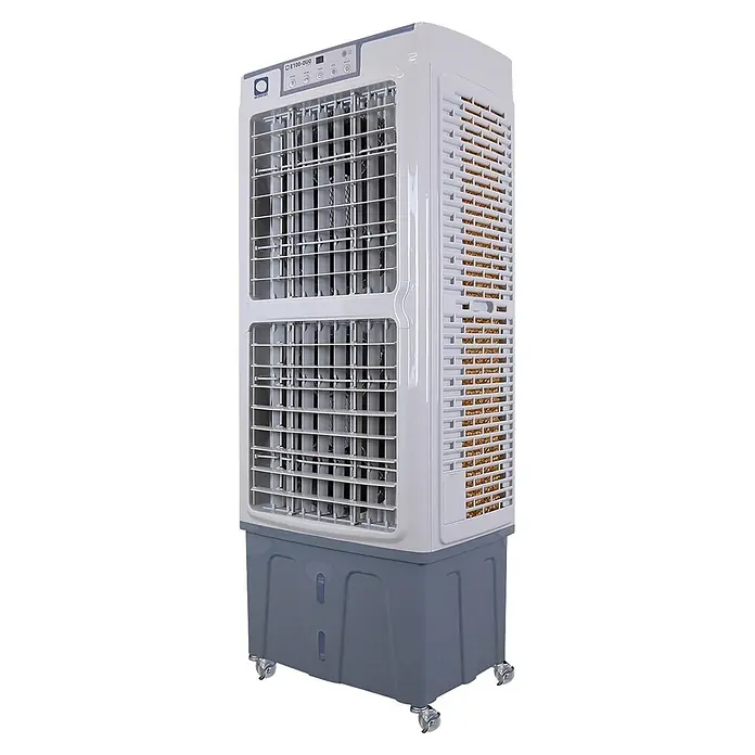 MConfort Climatizador evaporativo PRO E100DUO - Blanco y Gris, Altura: 128,6 cm, 220 W - Enfriador de aire tipo torre de plástico blanco y gris con panel de control superior, rejillas frontales y laterales, y ruedas.