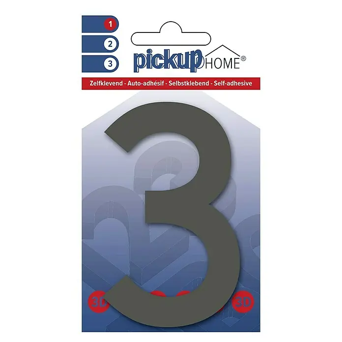 Pickup 3D Home Hausnummer Rio - Motiv: 3, Höhe: 10 cm, Grau, Kunststoff, Selbstklebend - Produktverpackung für eine selbstklebende Hausnummer "3" von Pickup Home. Ideal zur Kennzeichnung von Häusern und Briefkästen.