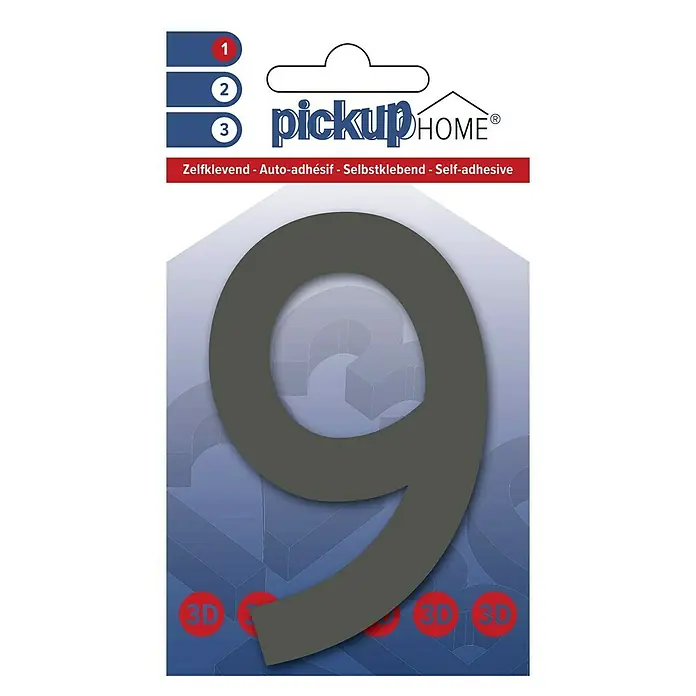 Pickup 3D Home Hausnummer Rio - Motiv: 9, Höhe: 10 cm, Grau, Kunststoff, Selbstklebend - Selbstklebende Hausnummer 9 von Pickup Home. Ideal zur Kennzeichnung von Haus- oder Wohnungstüren. Einfache Montage dank selbstklebender Rückseite.