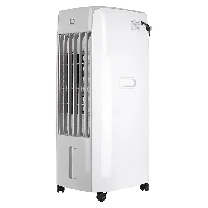 MConfort Climatizador evaporativo Hogar E1100C - Blanco, Altura: 77 cm, 130 W, 10 litros - Enfriador de aire portátil blanco con rejilla frontal, indicador de depósito de agua y ruedas.