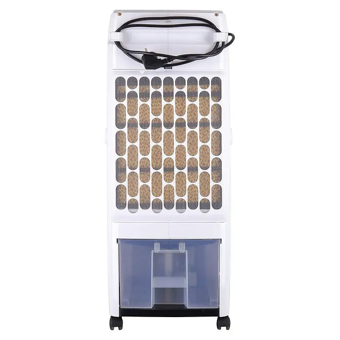 MConfort Climatizador evaporativo Hogar E1100C - Blanco, Altura: 77 cm, 130 W, 10 litros - Enfriador de aire evaporativo blanco con depósito de agua transparente, rejilla de panal y cable de alimentación enrollado, con ruedas.