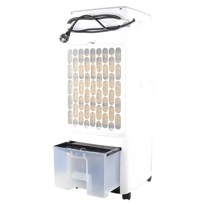 MConfort Climatizador evaporativo Hogar E1100C - Blanco, Altura: 77 cm, 130 W, 10 litros - Enfriador de aire blanco con cable de alimentación negro, panel lateral ventilado y depósito de agua translúcido extraíble.