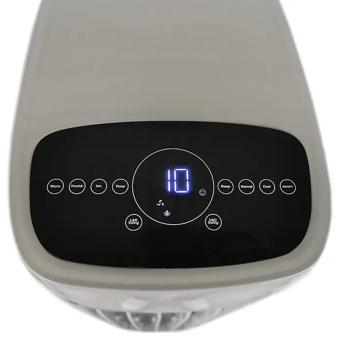 MConfort Climatizador evaporativo Hogar E1100C - Blanco, Altura: 77 cm, 130 W, 10 litros - Panel de control de aparato blanco/gris claro con pantalla negra que muestra '10' y botones para funciones como Warm, Humid., Ion. y Cool.