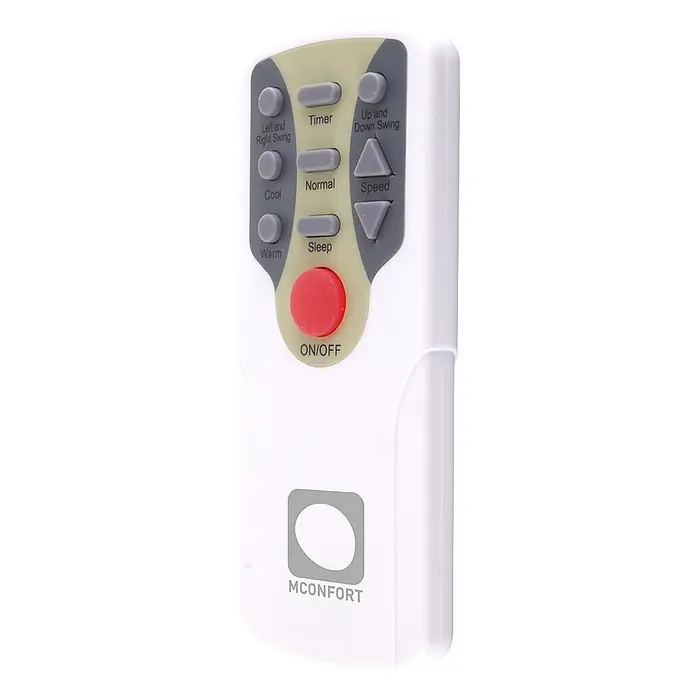 MConfort Climatizador evaporativo Hogar E1100C - Blanco, Altura: 77 cm, 130 W, 10 litros - Mando a distancia MCONFORT blanco con panel gris y beige, botón ON/OFF rojo y botones de función para climatizador.