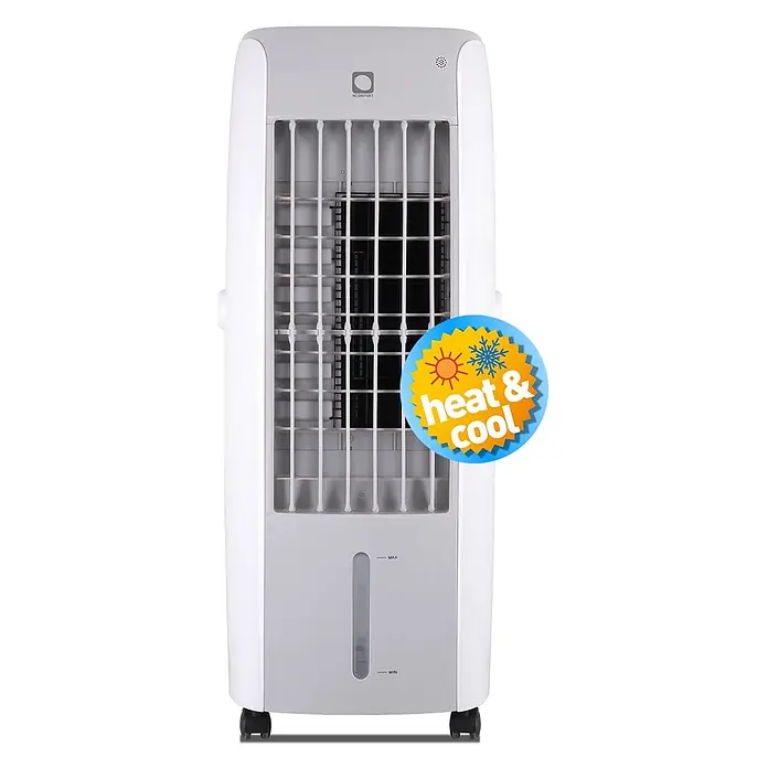 MConfort Climatizador evaporativo Hogar E1100C - Blanco, Altura: 77 cm, 130 W, 10 litros - Enfriador/calentador de aire tipo torre blanco y gris con rejilla frontal e indicador de nivel de agua sobre ruedas.